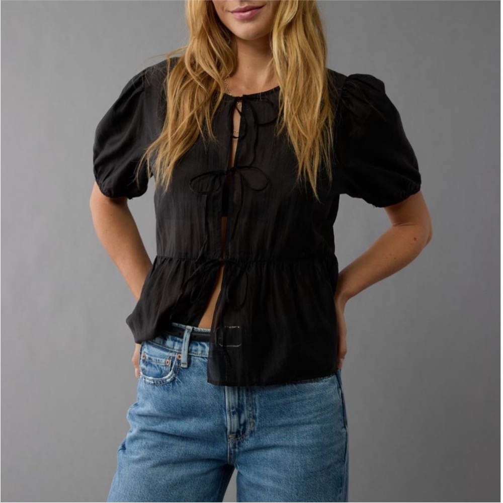 American Eagle Outfitters Black Tie-Front Blouse with puff sleeve